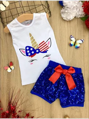 Girls 4th of July Themed Printed Top & Sequin Bow Shorts Set