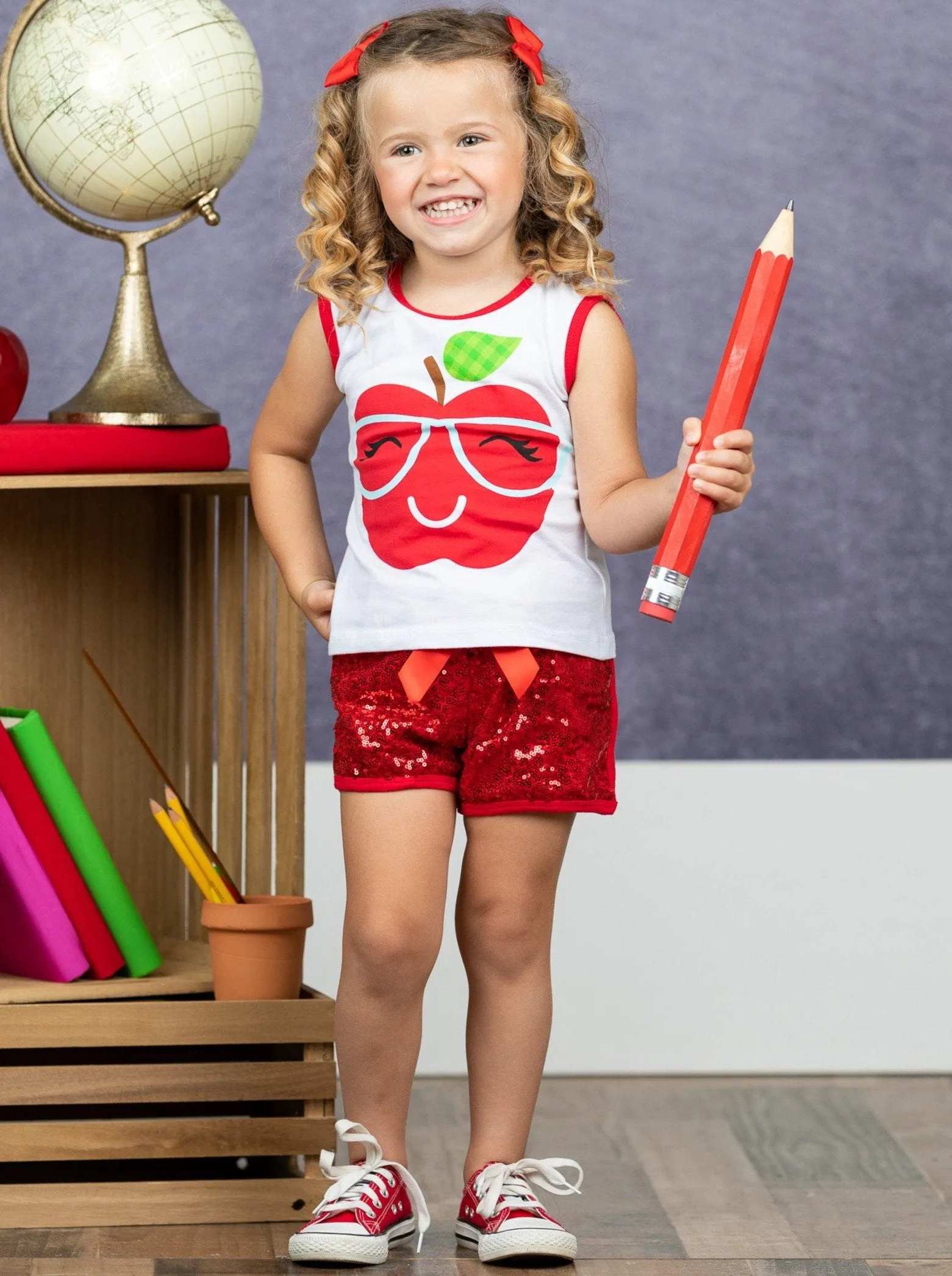 Girls Apple with Glasses Printed Tank & Sequin Bow Shorts Set