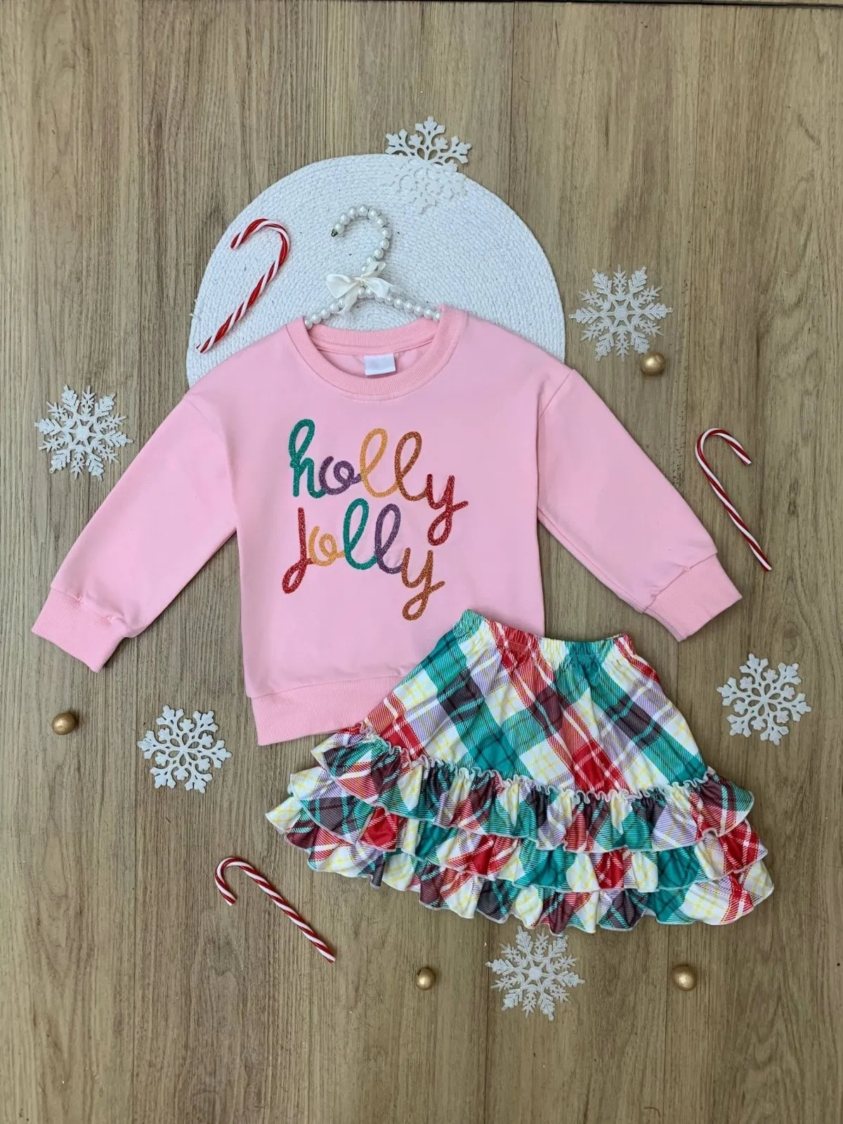 Girls Holly Jolly Top and Christmas Plaid Ruffle Skirt Set