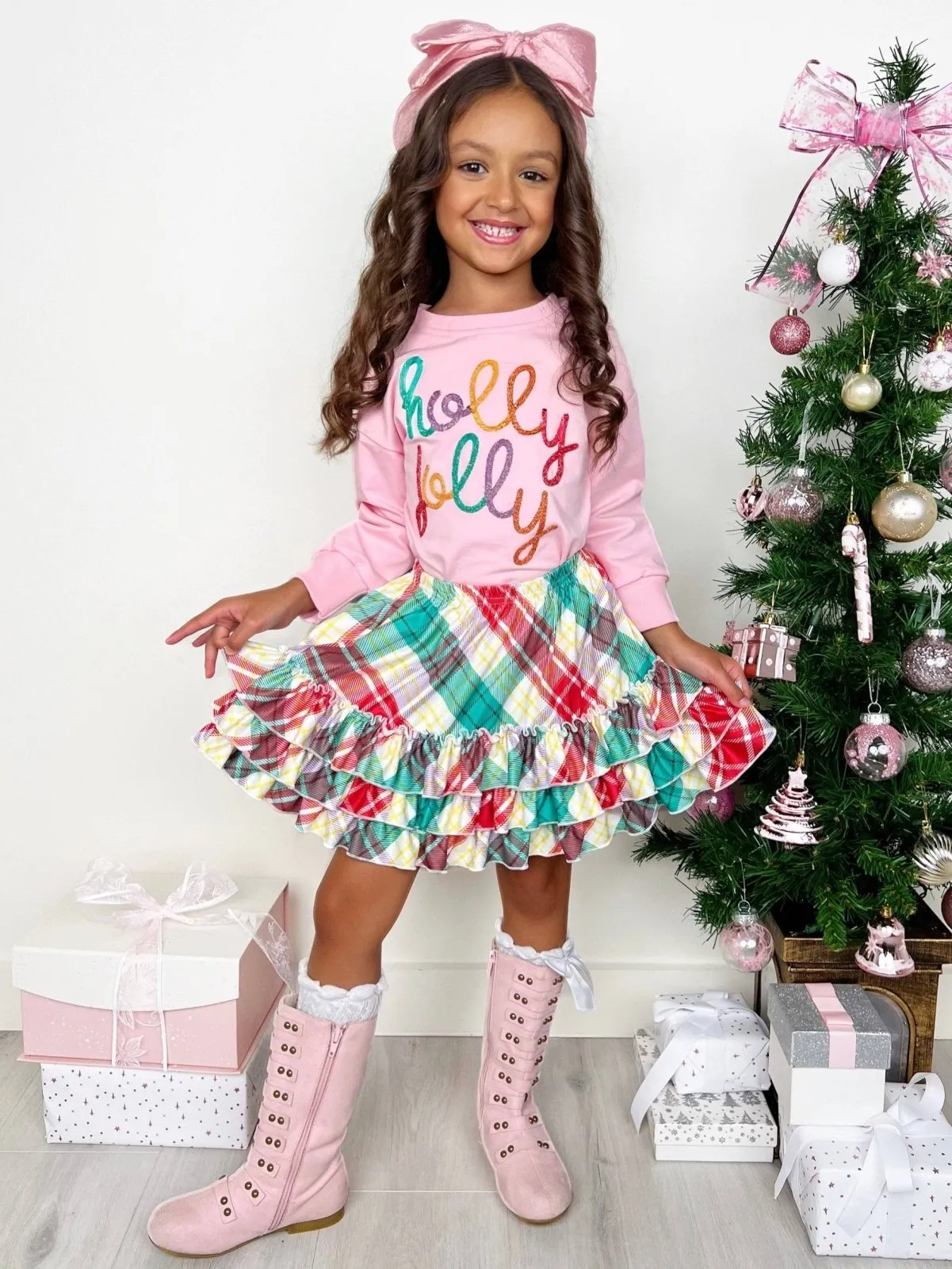 Girls Holly Jolly Top and Christmas Plaid Ruffle Skirt Set