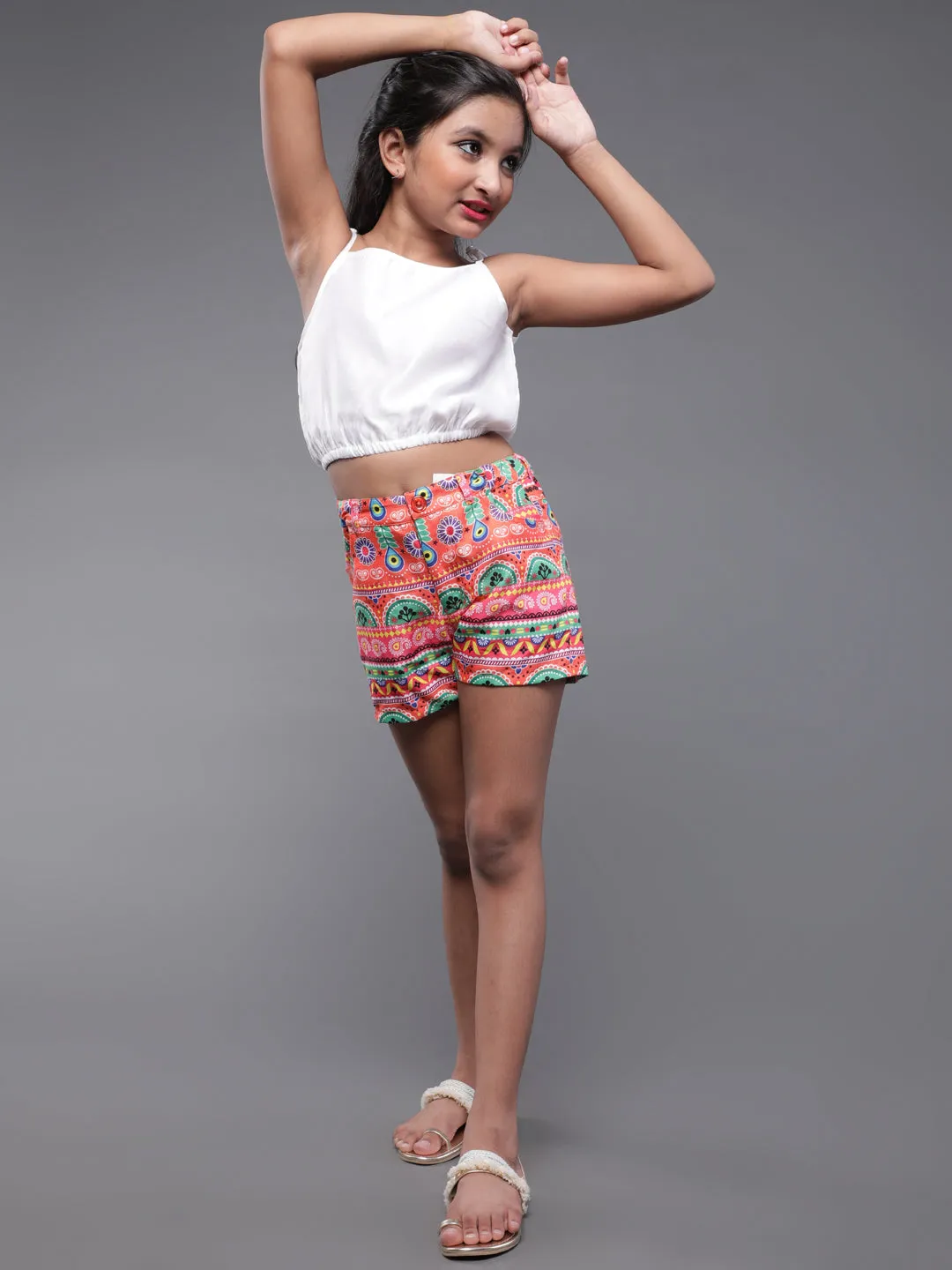 Girl's Orange & Green Printed Shorts - Aks Girls