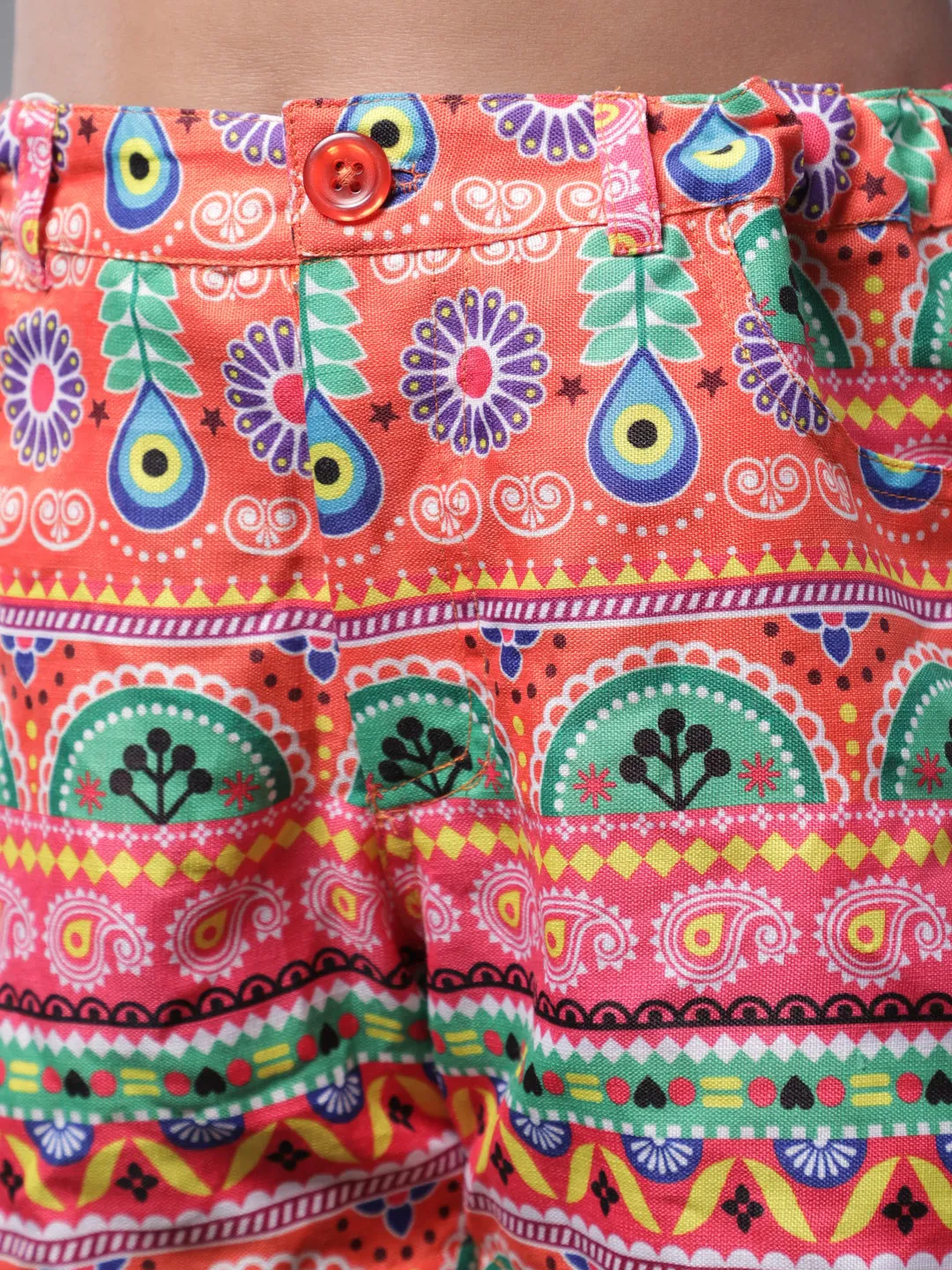 Girl's Orange & Green Printed Shorts - Aks Girls