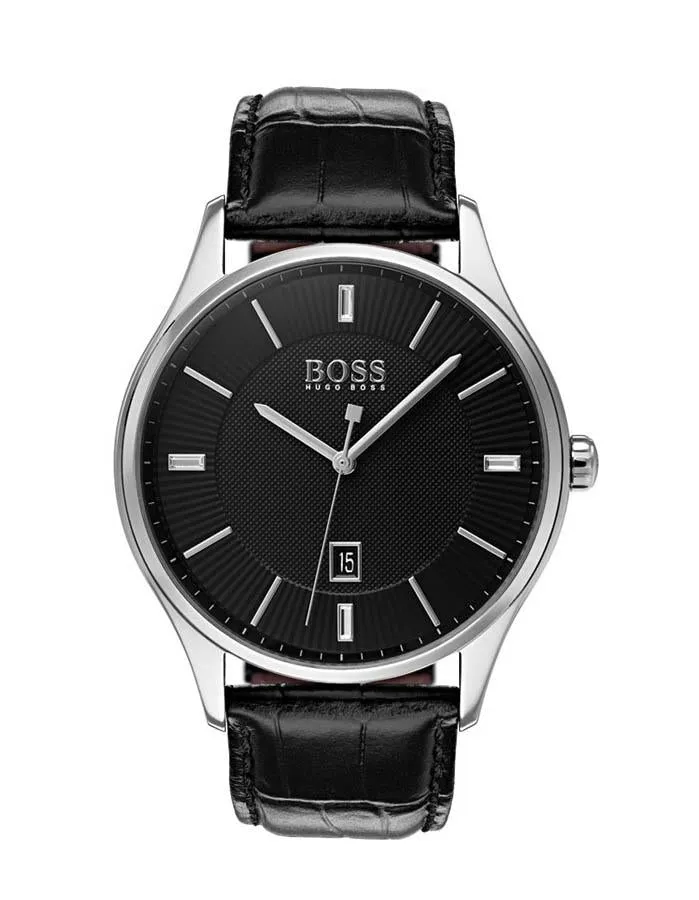 Hugo Boss Mens Govenor Dress Watch - Stainless Steel - Black Leather Strap -Date