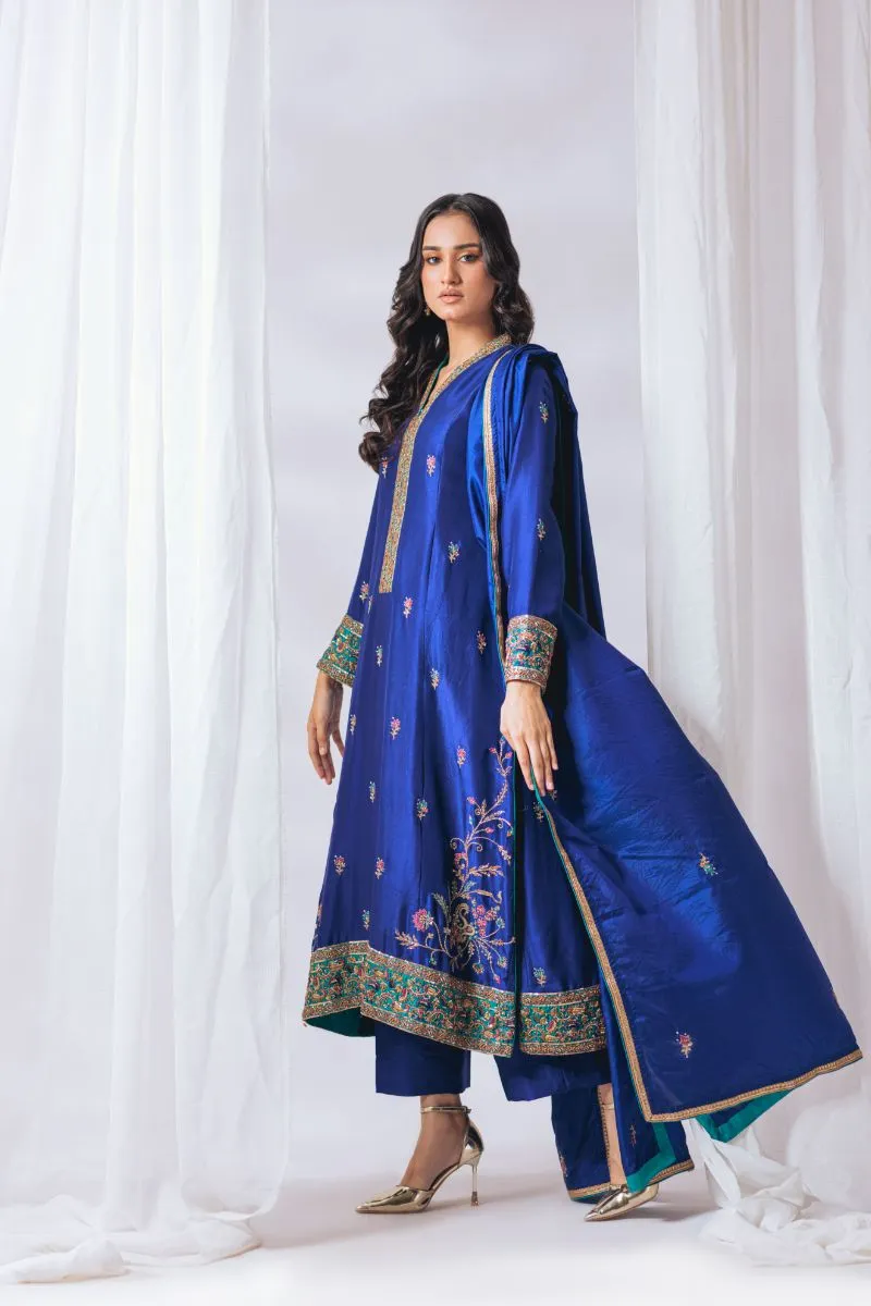 Khayal by Shaista Hasan - Midnight azure - Raw Silk & Katan Silk - 3 Piece