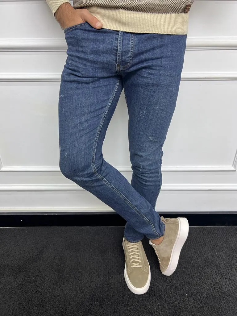 Leon Slim Fit Ripped Detailed Blue Jeans