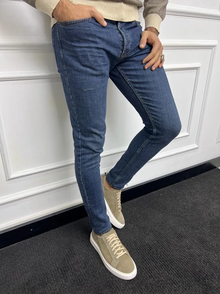 Leon Slim Fit Ripped Detailed Blue Jeans