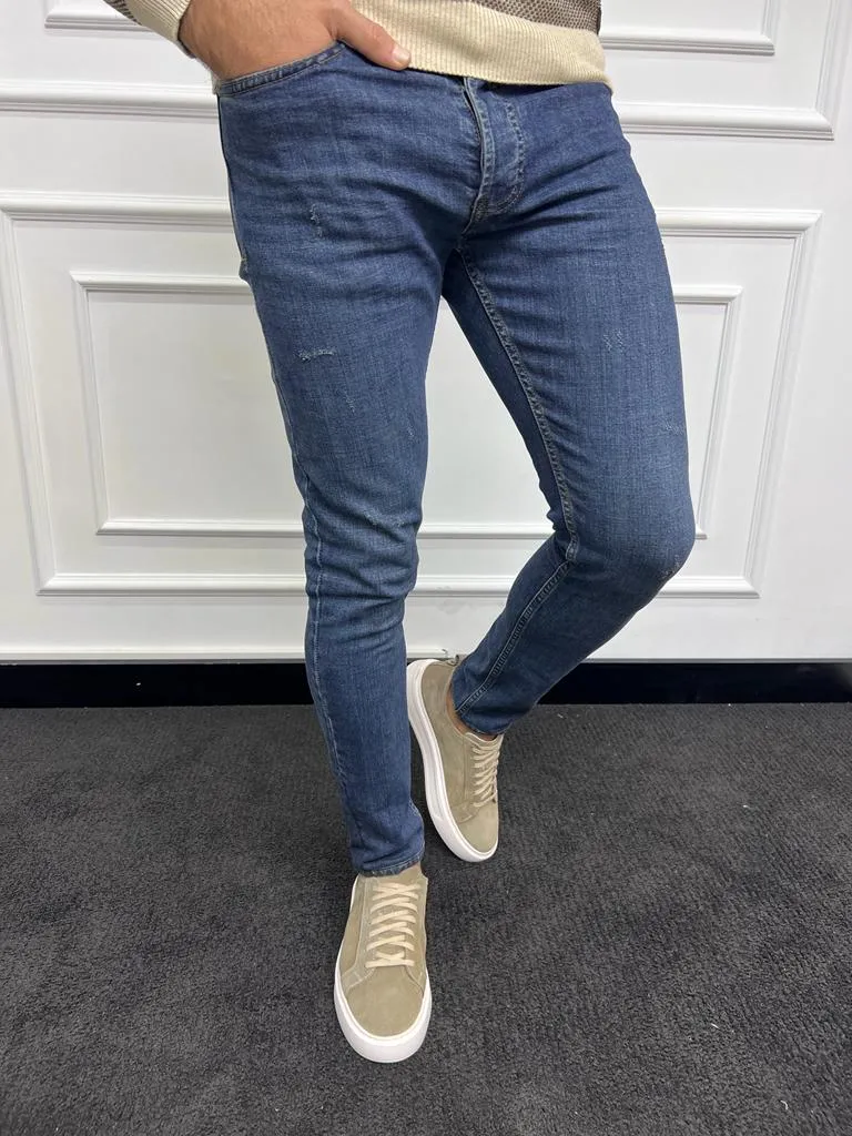 Leon Slim Fit Ripped Detailed Blue Jeans