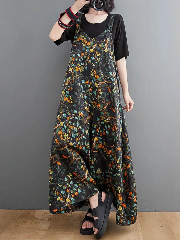 Loose Artistic Retro Ramie Cotton Floral Printed V-Neck Overalls