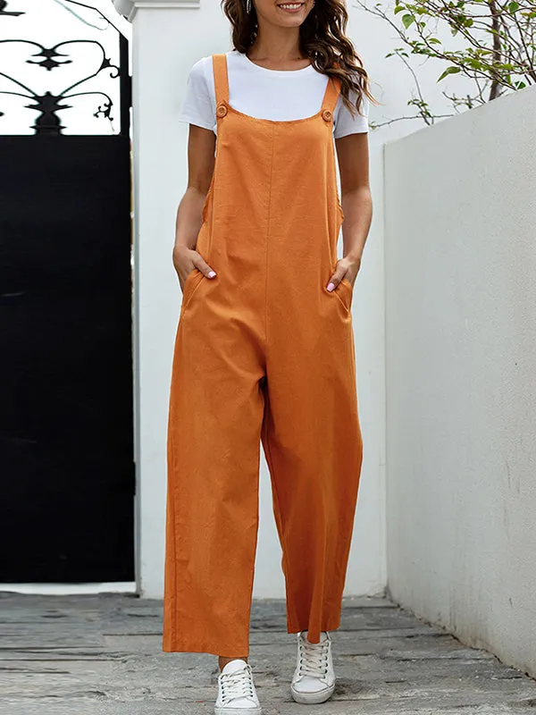 Loose Buttoned Solid Color Overalls