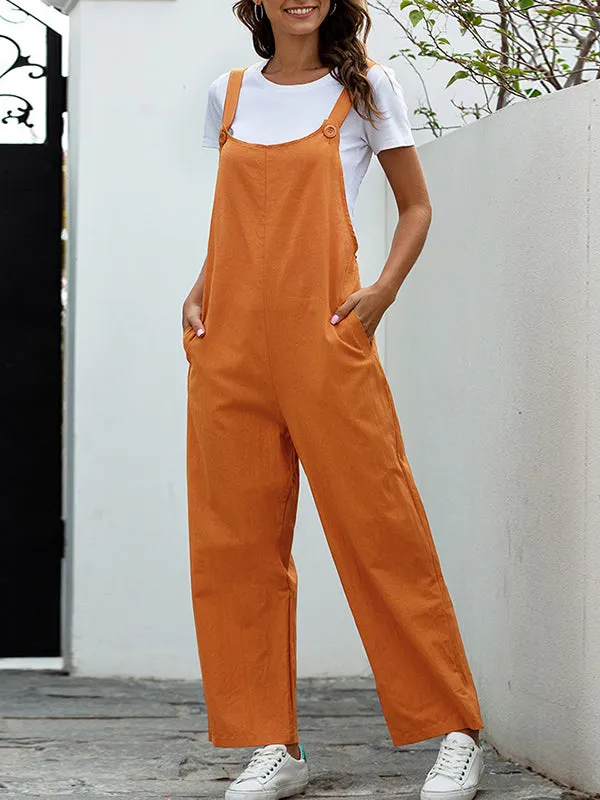 Loose Buttoned Solid Color Overalls