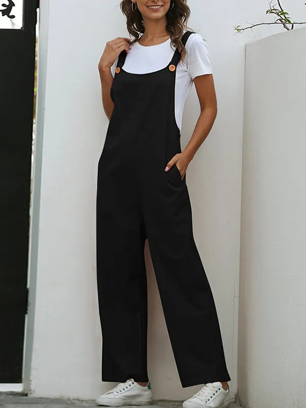 Loose Buttoned Solid Color Overalls