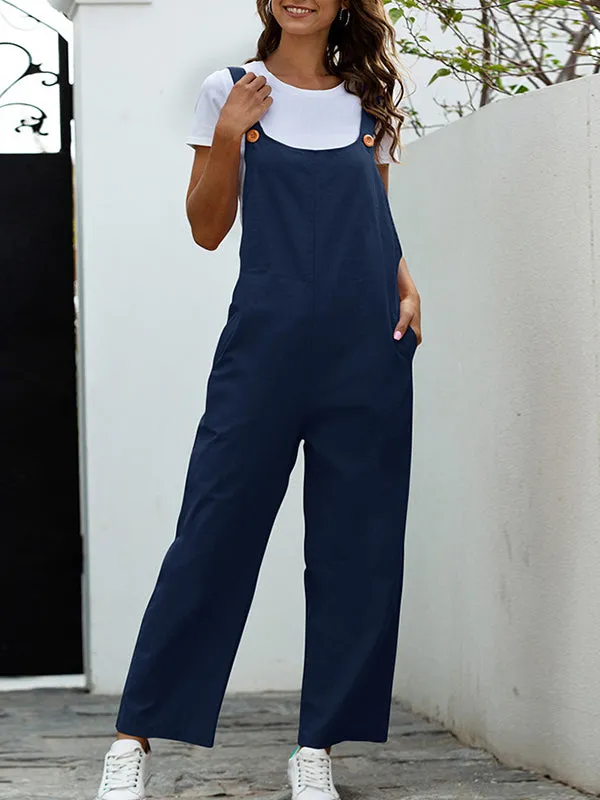 Loose Buttoned Solid Color Overalls