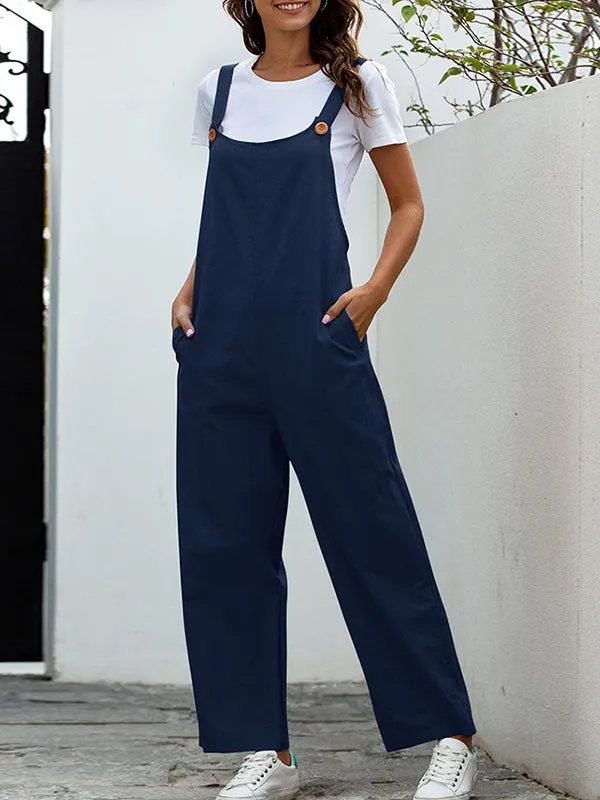 Loose Buttoned Solid Color Overalls