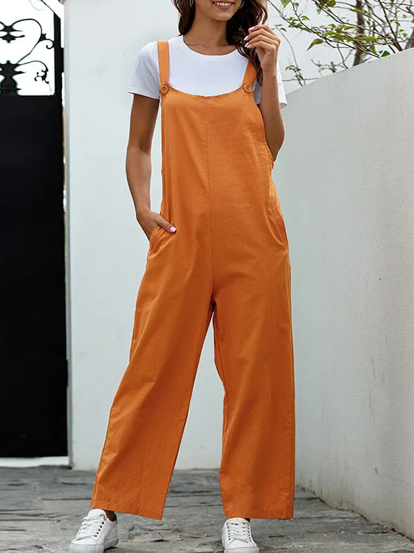 Loose Buttoned Solid Color Overalls