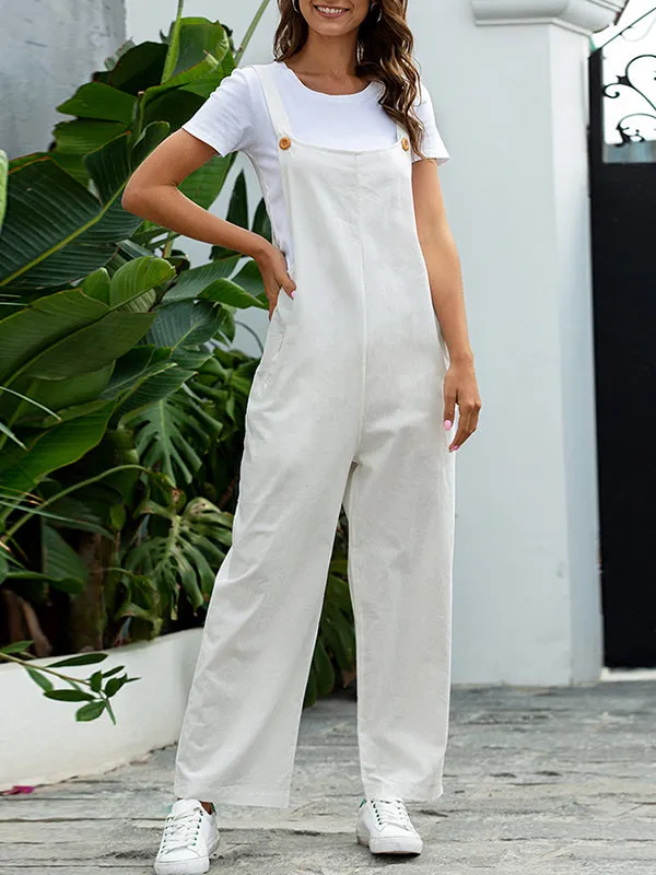 Loose Buttoned Solid Color Overalls