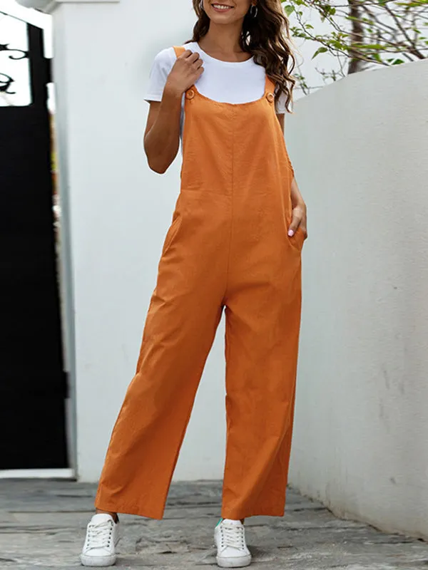 Loose Buttoned Solid Color Overalls