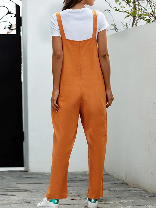 Loose Buttoned Solid Color Overalls