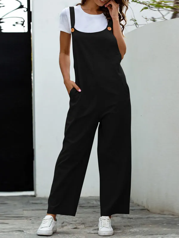 Loose Buttoned Solid Color Overalls