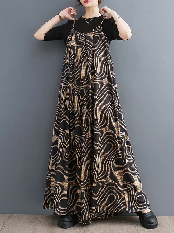 Loose Wide Leg Printed Spaghetti-Neck Overalls