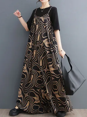 Loose Wide Leg Printed Spaghetti-Neck Overalls