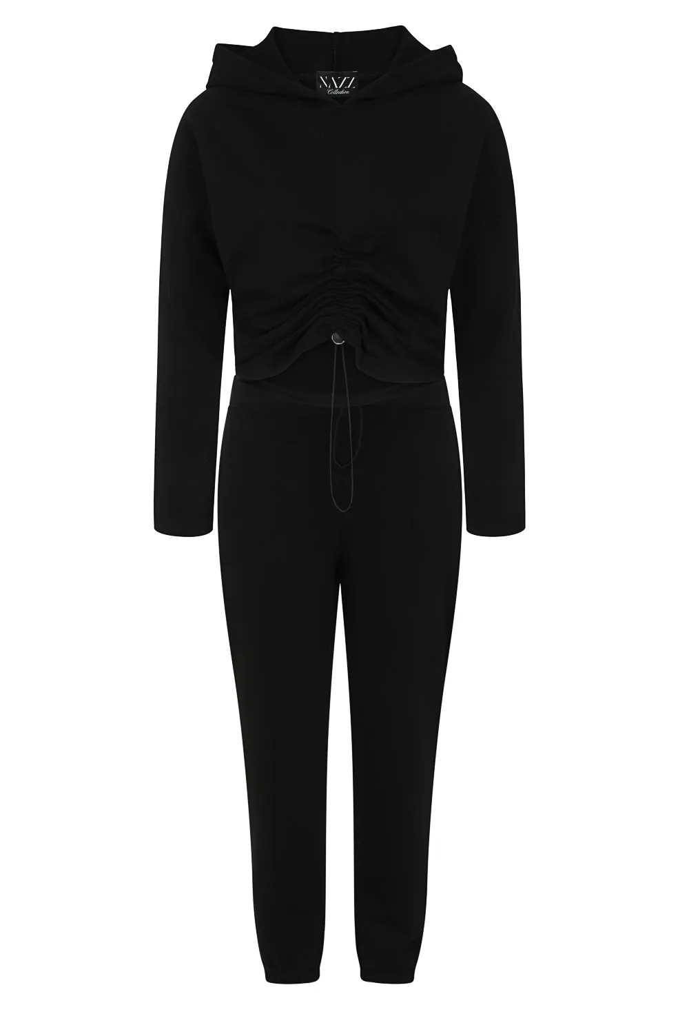 Mei Black Ruched Drawstring Waisted Hoodie Tracksuit Set