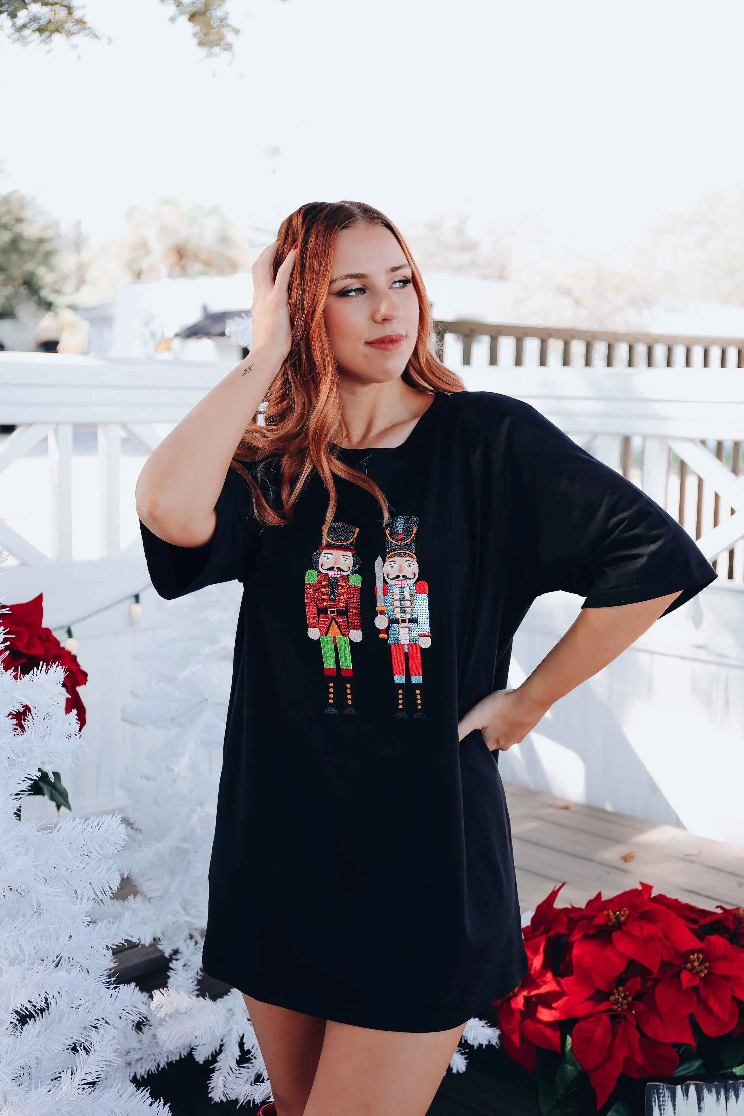 Nutcracker Sequin Graphic T-Shirt Dress - Black