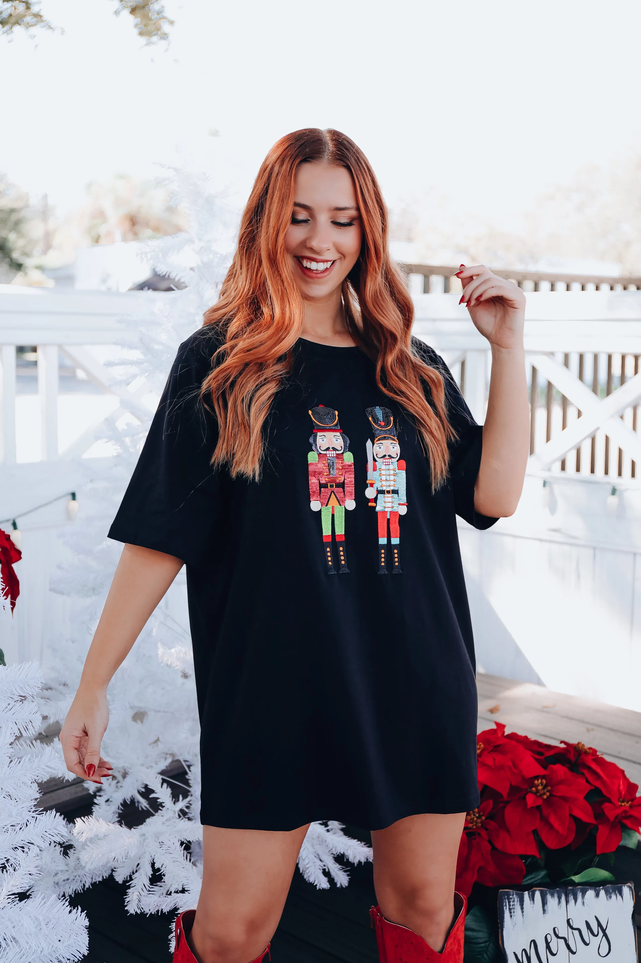 Nutcracker Sequin Graphic T-Shirt Dress - Black