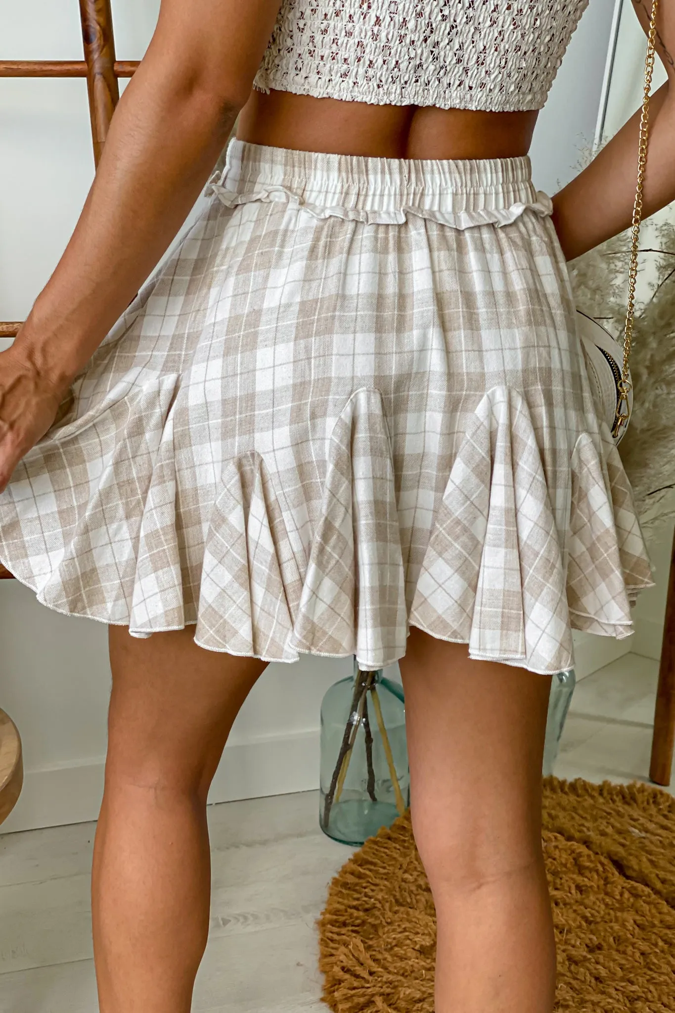 Pale Khaki Ruffled Plaid Skirt