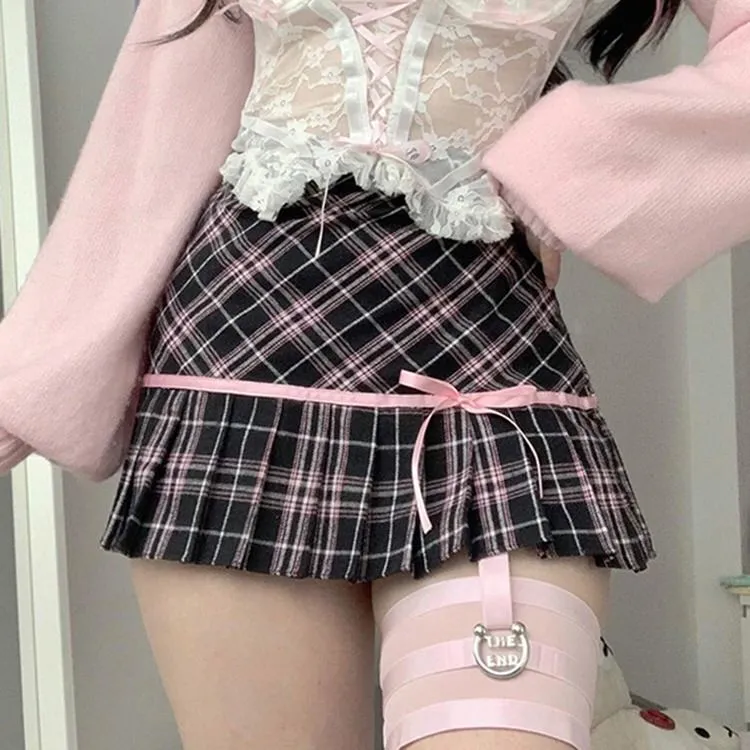 Plaid Coquette Ribbon Mini Skirt