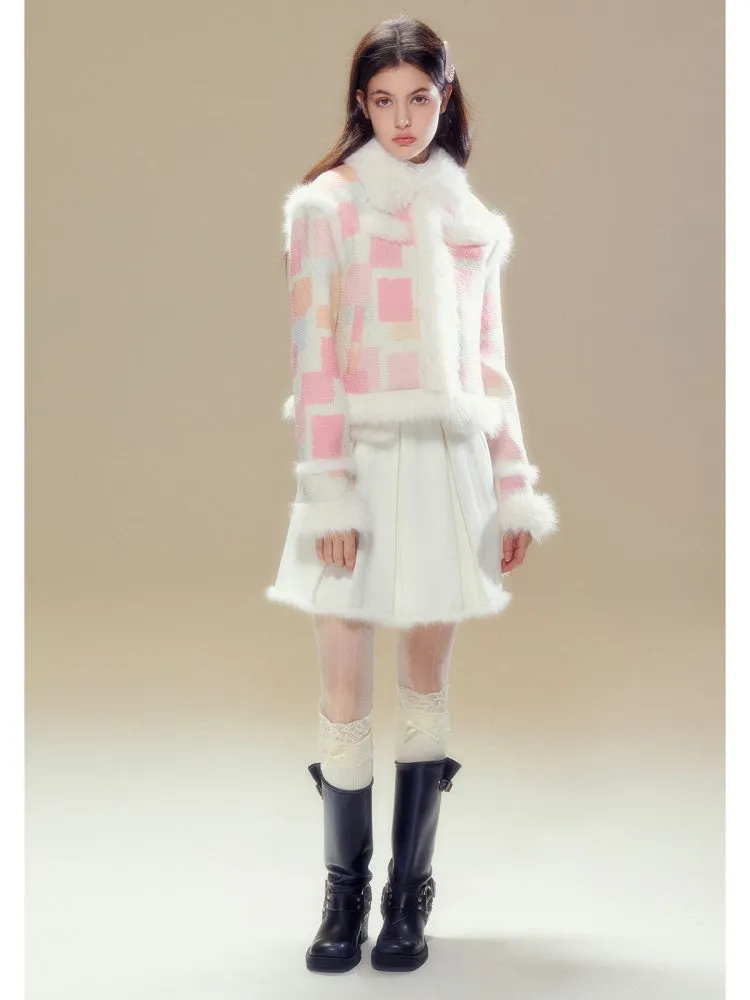 Plaid Stitch Fur Jacket & Pleated Mini Skirt【s0000004360】