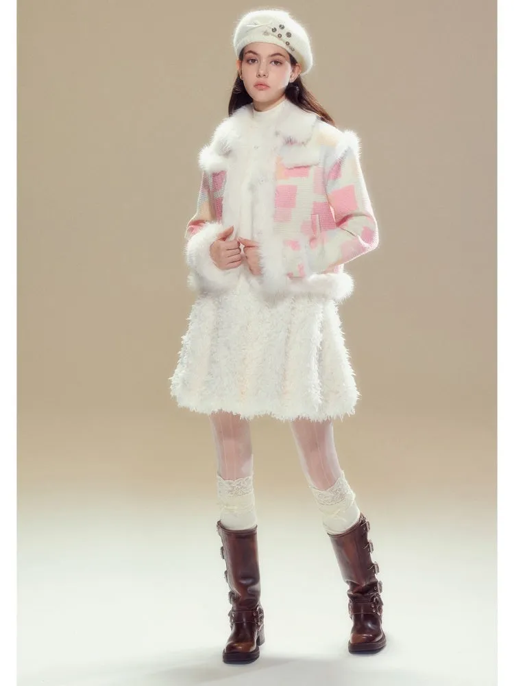 Plaid Stitch Fur Jacket & Pleated Mini Skirt【s0000004360】