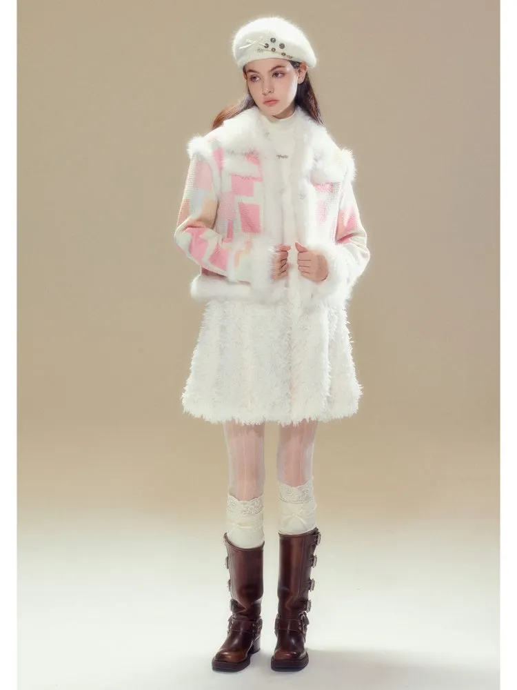 Plaid Stitch Fur Jacket & Pleated Mini Skirt【s0000004360】