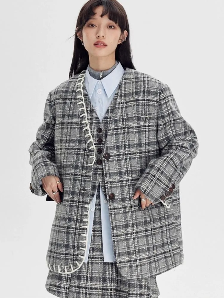 Plaid vest jacket and pleated skirt【s0000003970】