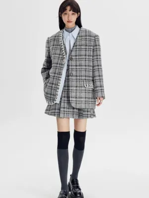 Plaid vest jacket and pleated skirt【s0000003970】