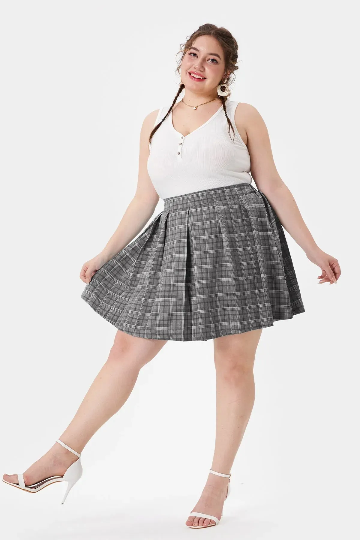 Pleated Plaid Side Zipper Elasticated Waist Mini Skirt