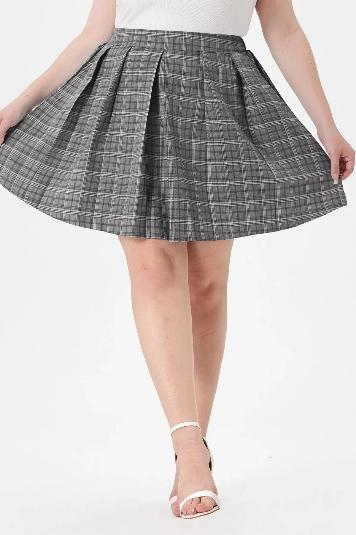 Pleated Plaid Side Zipper Elasticated Waist Mini Skirt