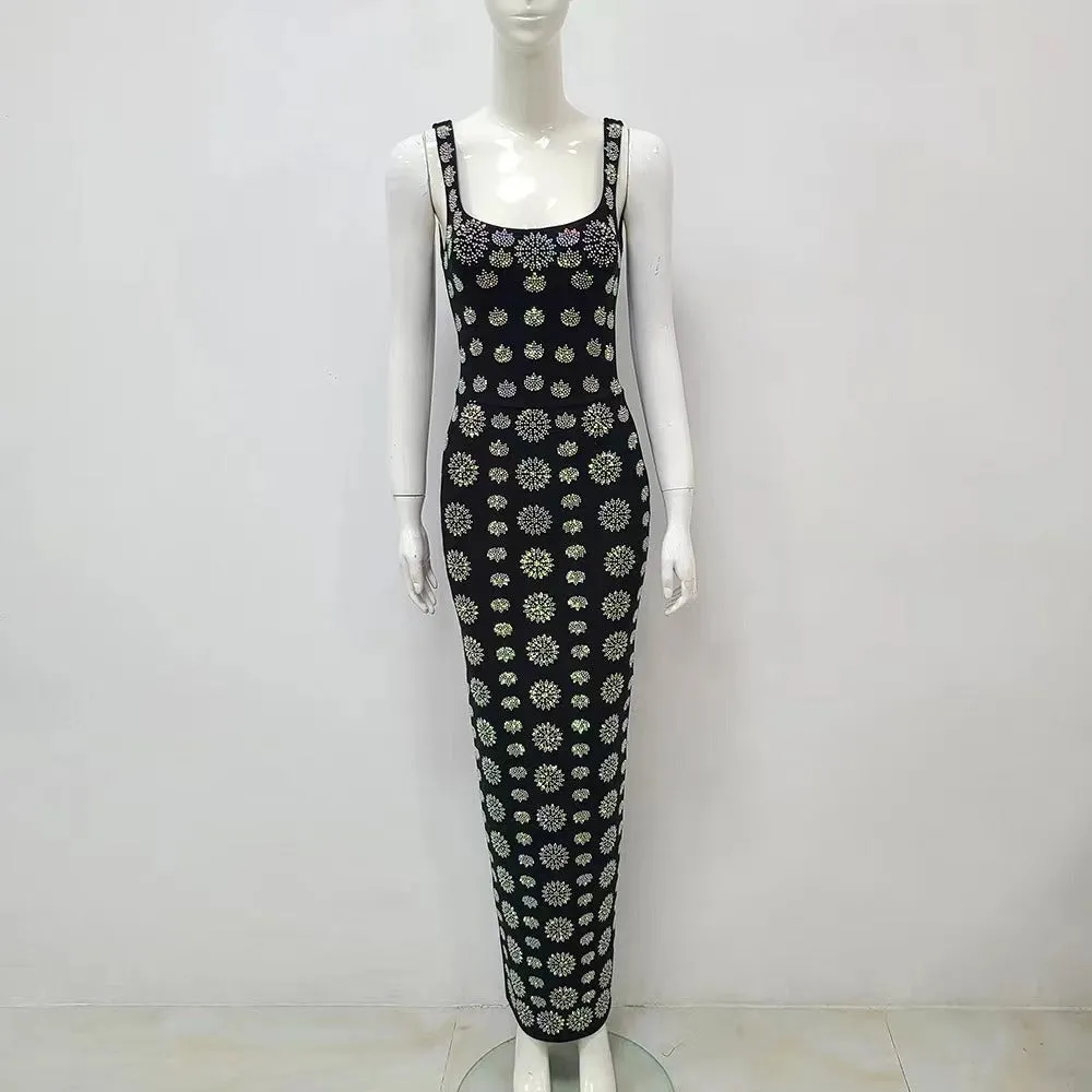 Pre Order:  Diamond Embellishment Hip Wrapped Bandage Maxi Dress