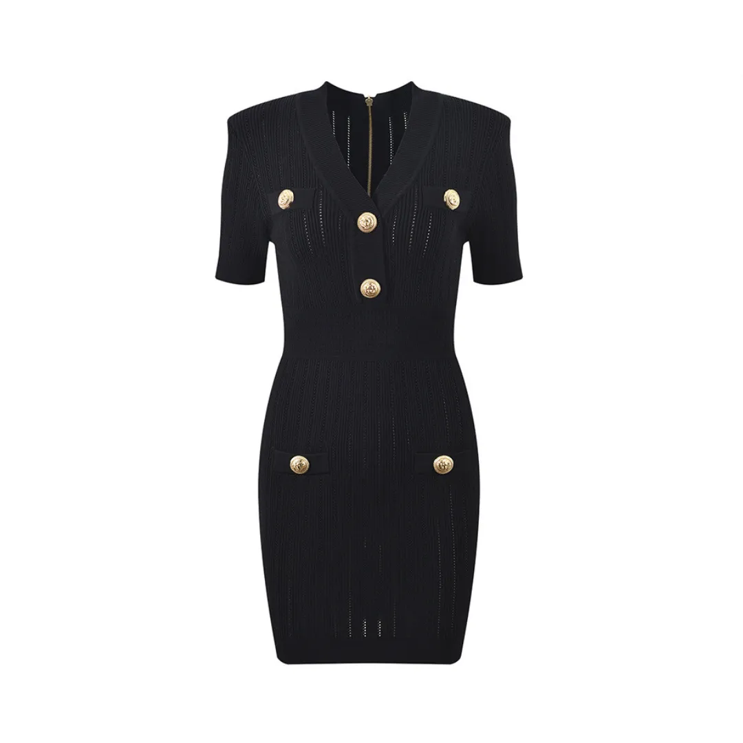 Pre Order:  Metal Buckle V-Neck Slim Fit Solid Knit Dress