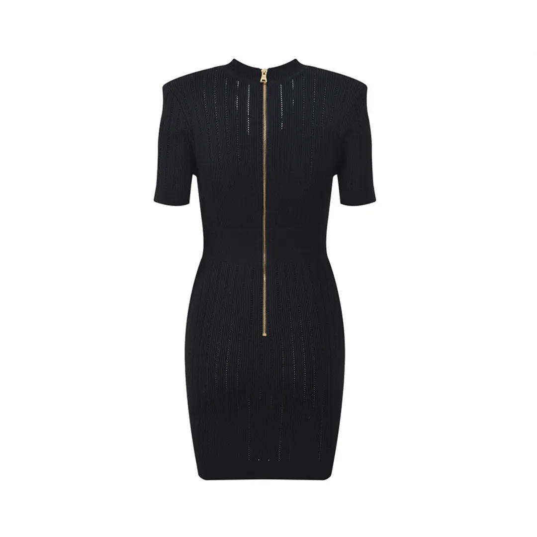 Pre Order:  Metal Buckle V-Neck Slim Fit Solid Knit Dress