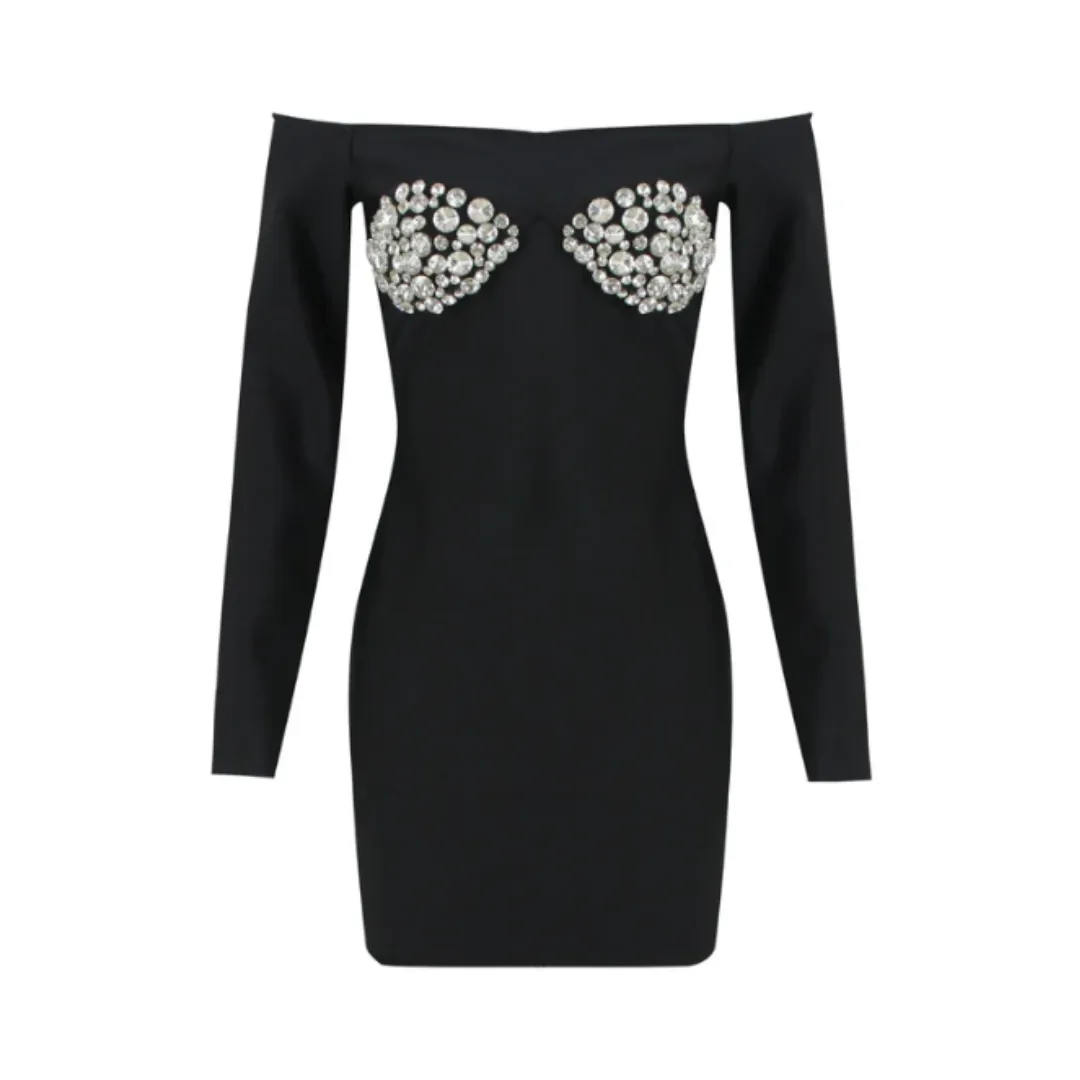 Pre Order:  Off Shoulder Crystal Cup Mini Bodycon Dress