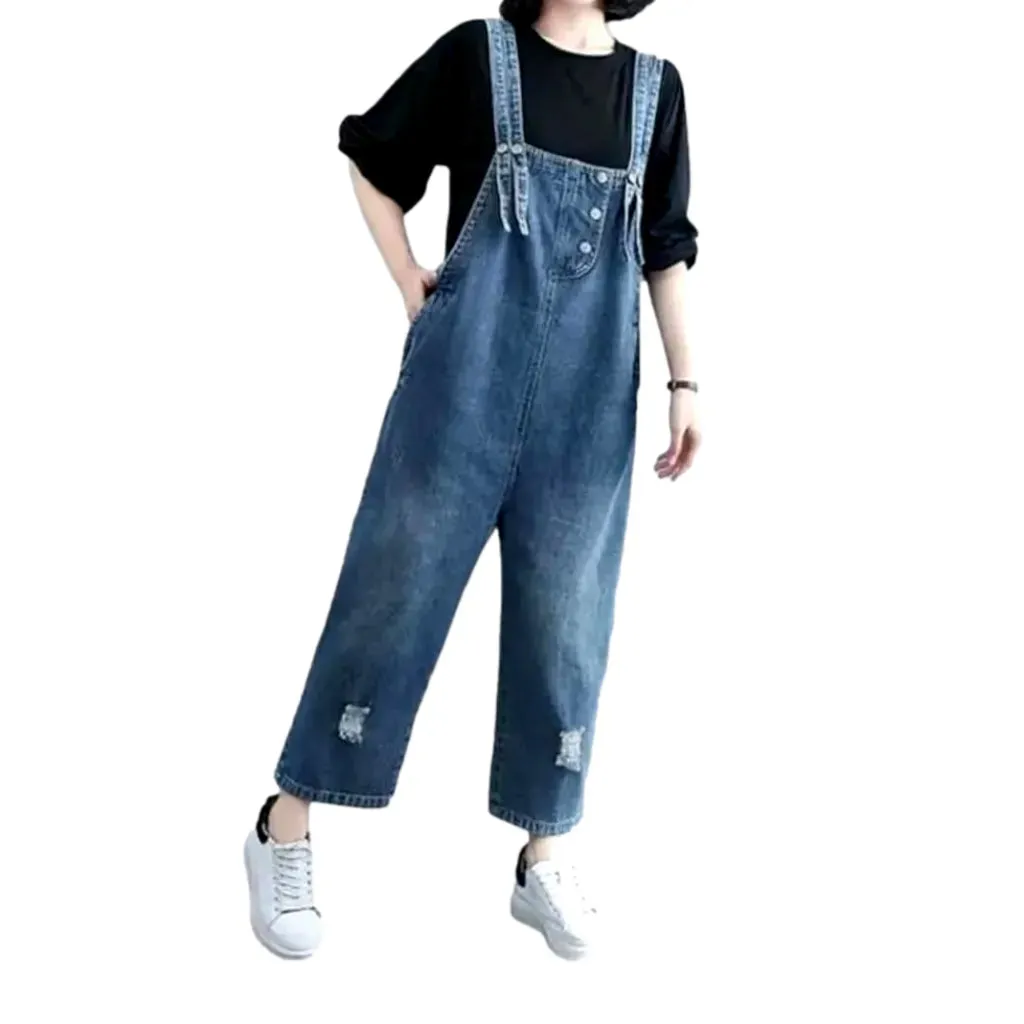 Ripped light-wash jean overall for ladies