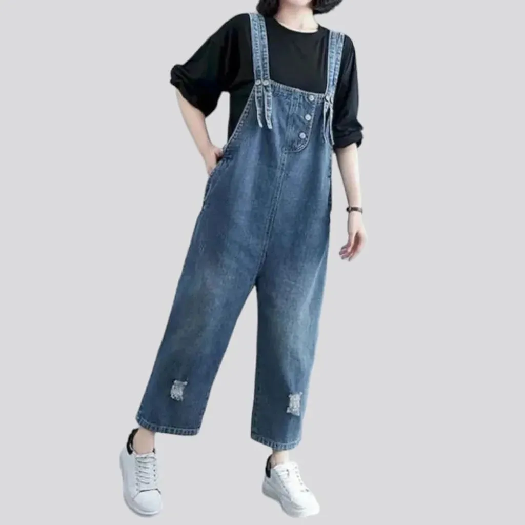 Ripped light-wash jean overall for ladies