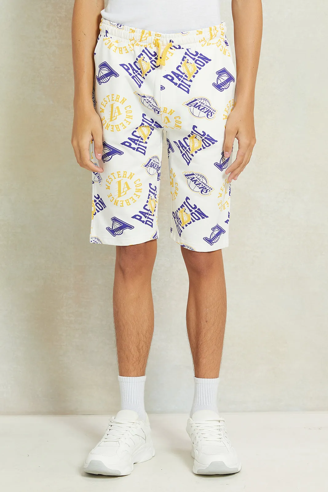 Senior Boys White Lakers Printed Active Shorts