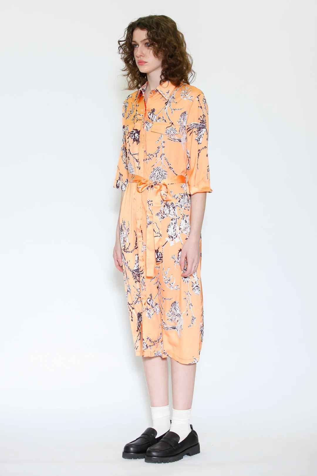 Silk Print Orange Floral Button-Down Dress