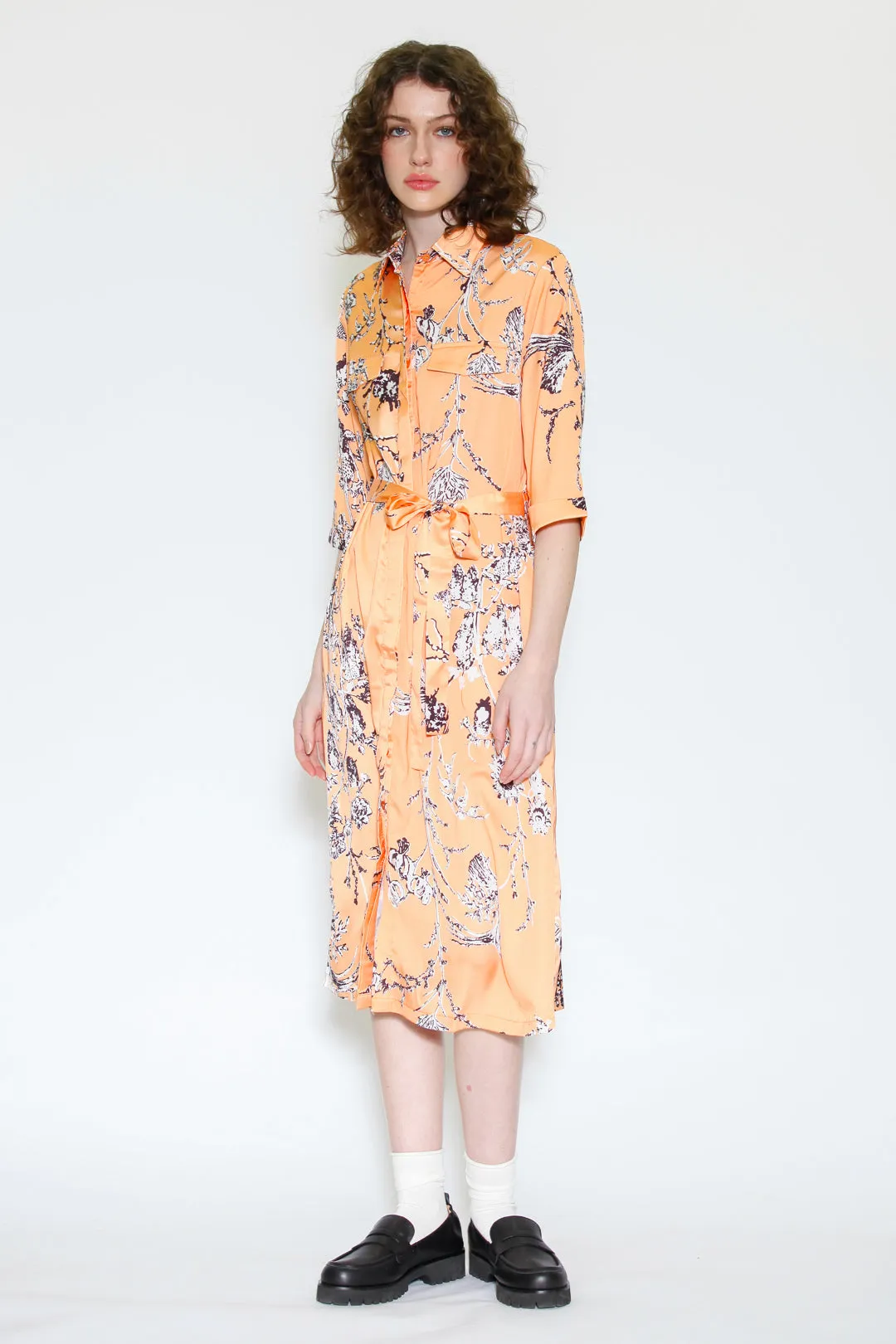 Silk Print Orange Floral Button-Down Dress