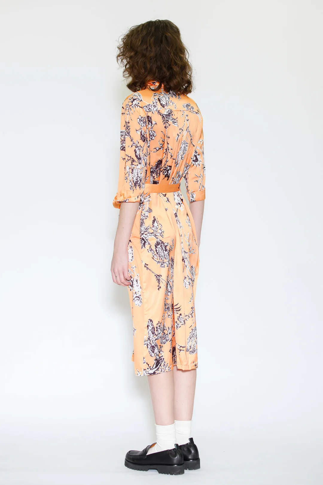 Silk Print Orange Floral Button-Down Dress