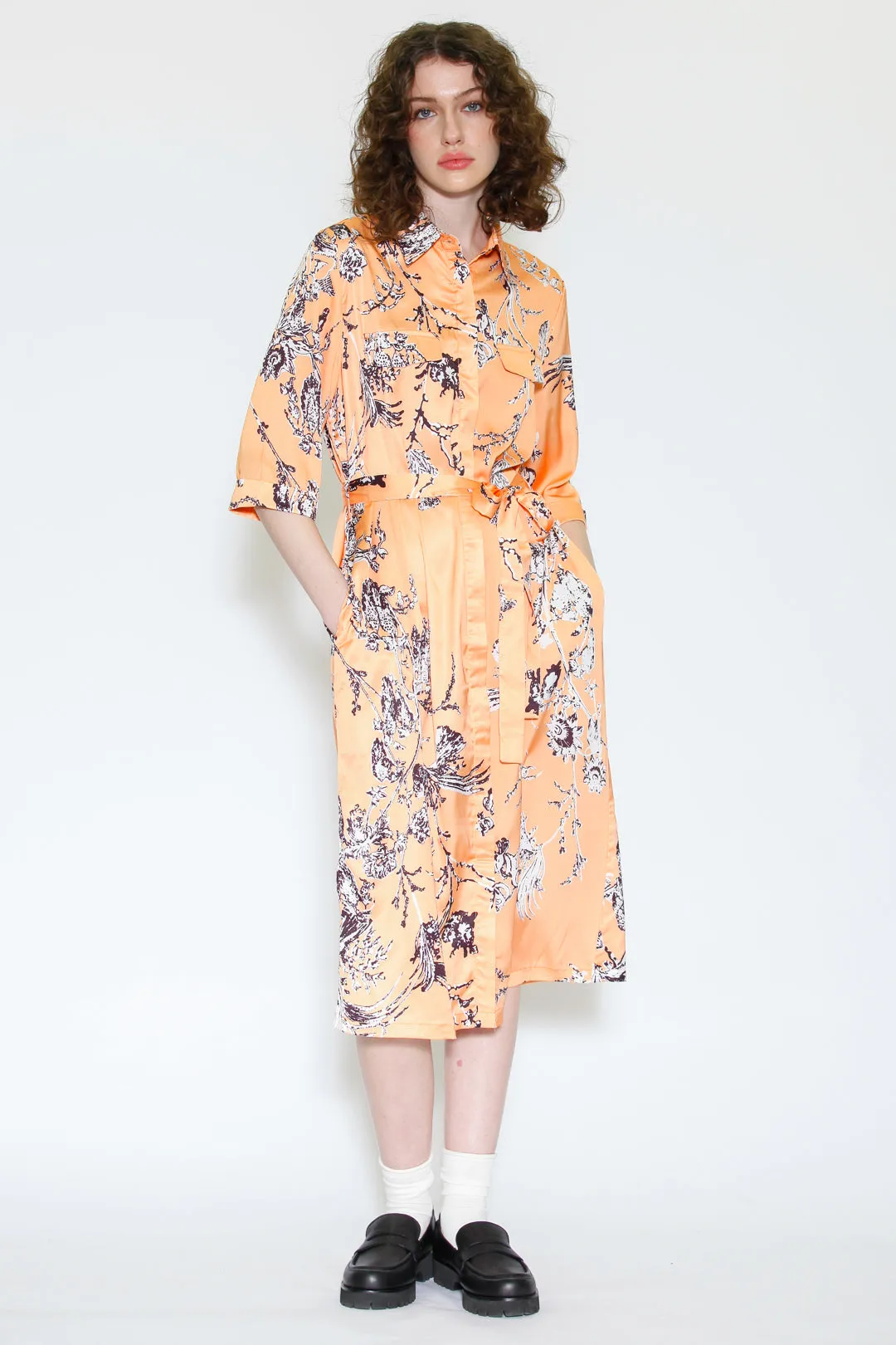 Silk Print Orange Floral Button-Down Dress