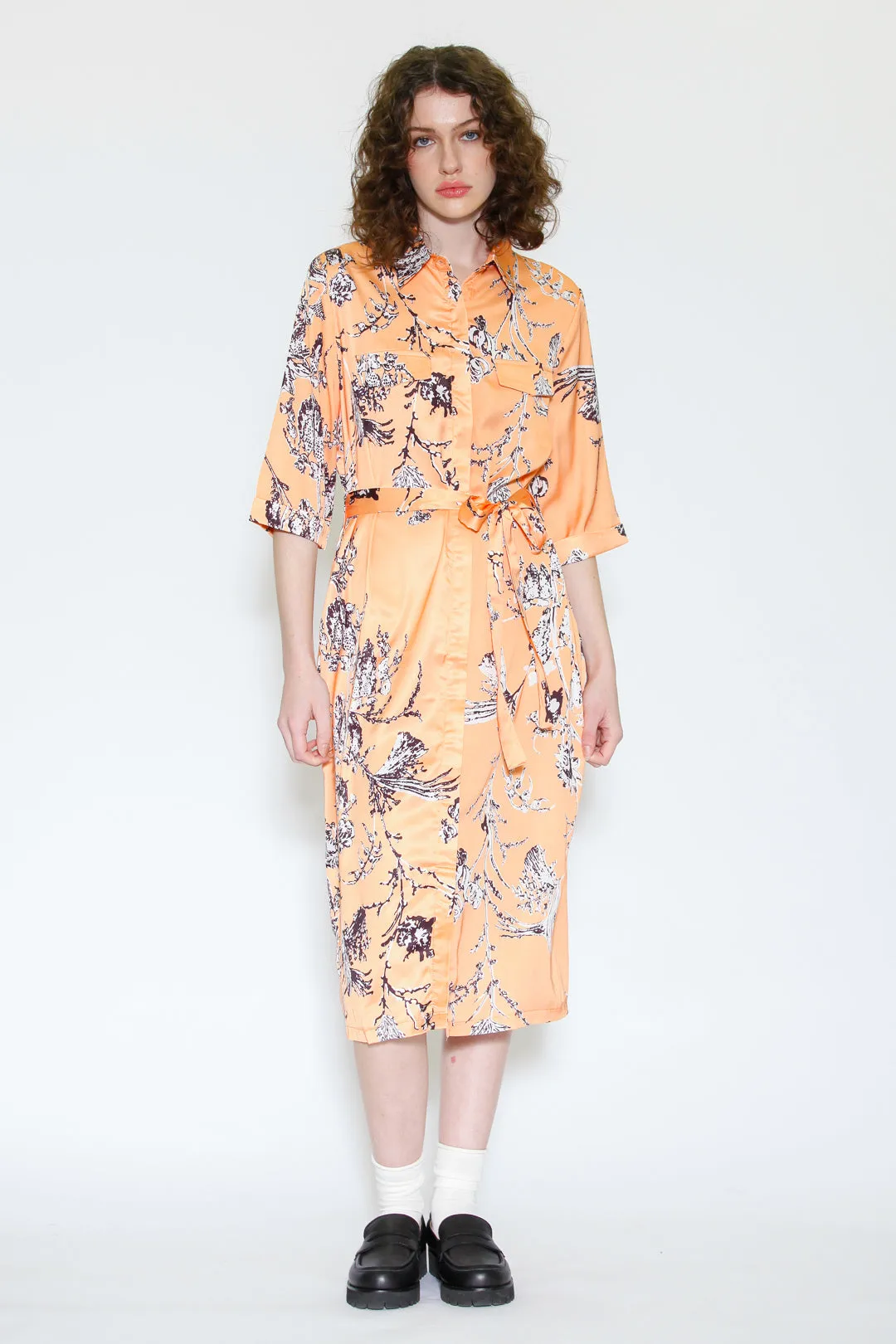 Silk Print Orange Floral Button-Down Dress