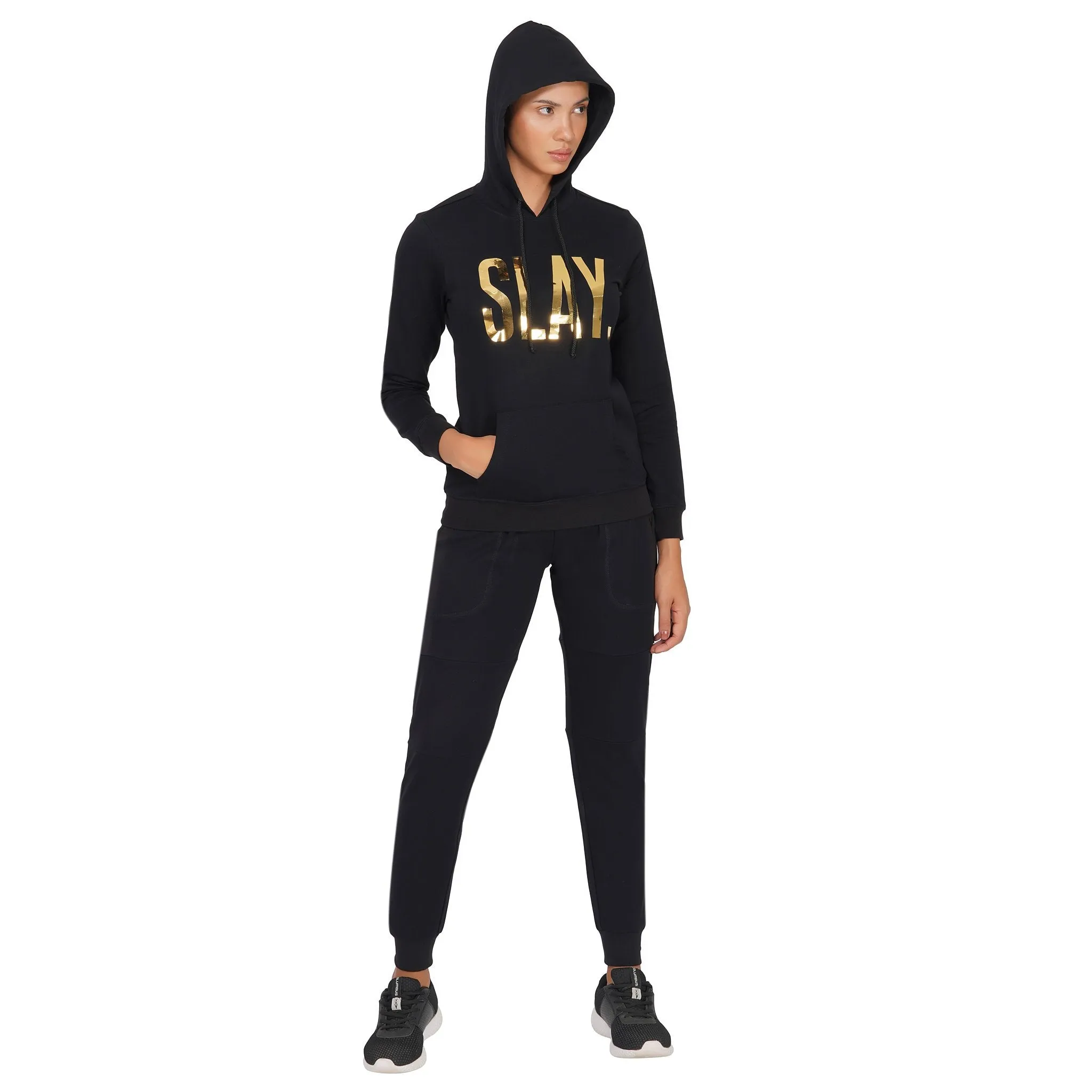 SLAY. Classic Women's Limited Edition Gold Mirror Foil Print Black Joggers