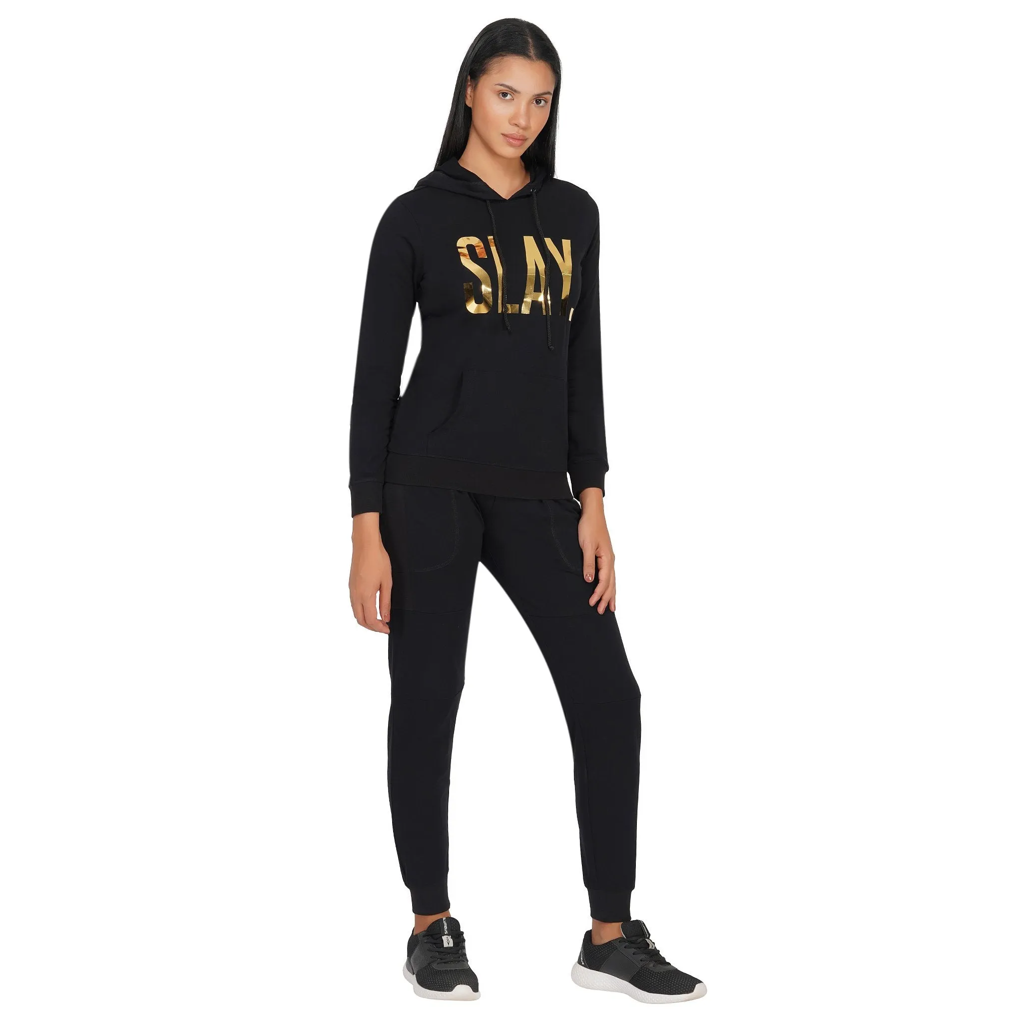 SLAY. Classic Women's Limited Edition Gold Mirror Foil Print Black Joggers